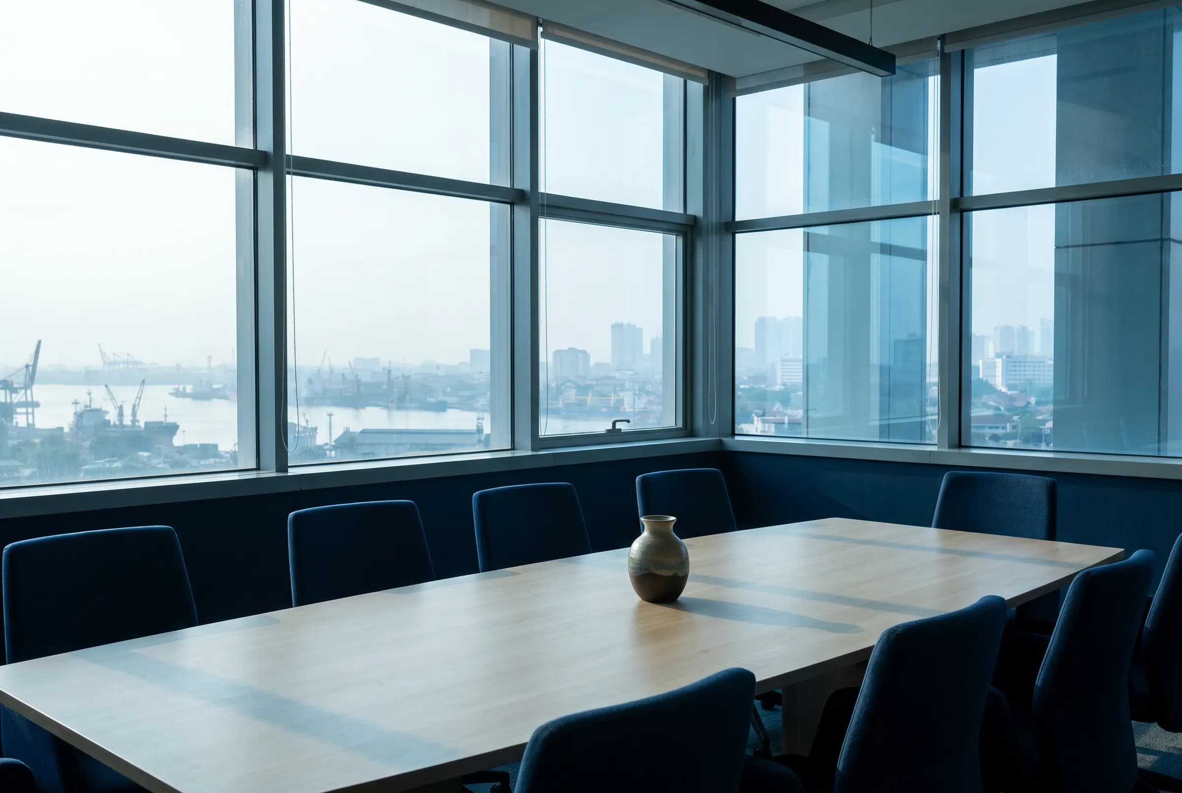 A naturally lit meeting space overlooking the city