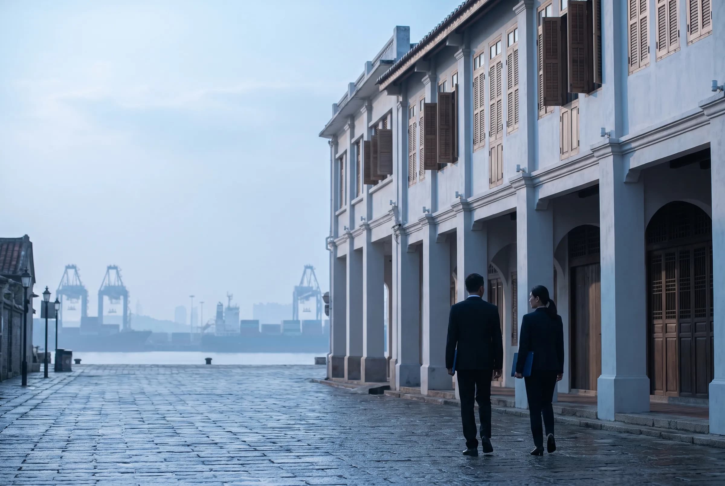 Two business professionals walking along a historic Xiamen waterfront