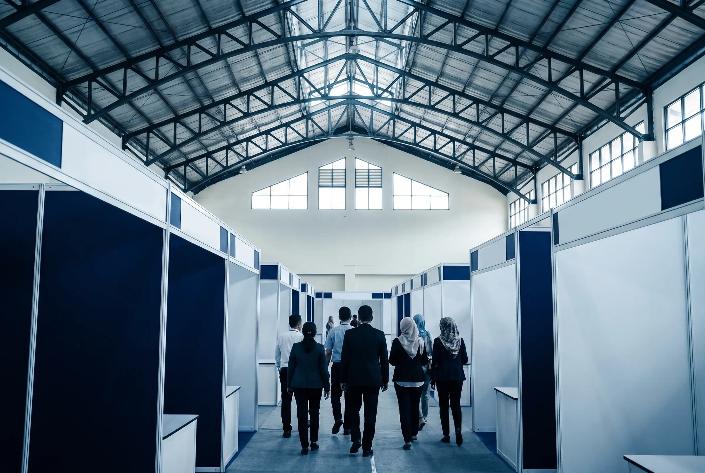 Visitors exploring an international exhibition hall