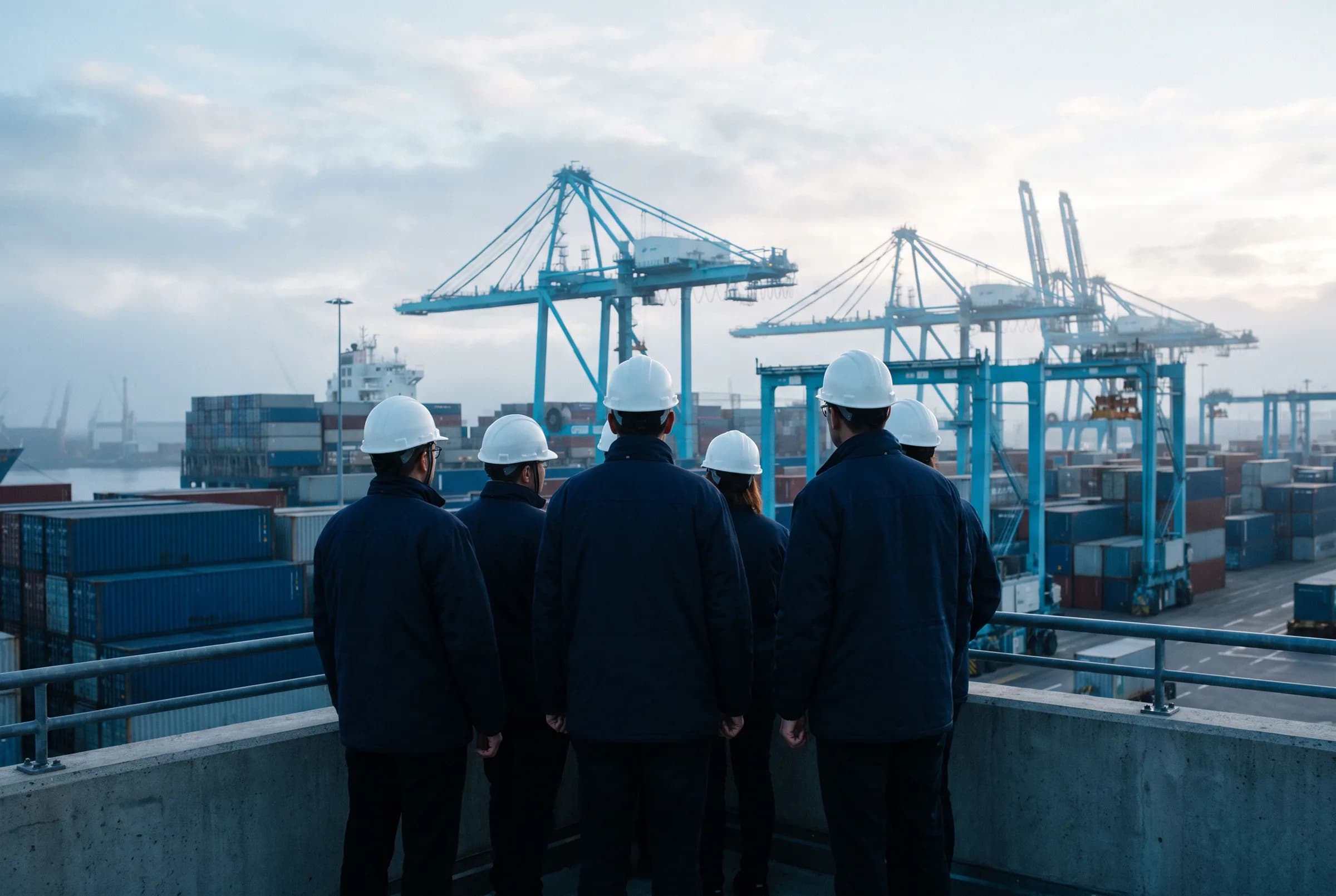 Delegation looking over Xiamen container port