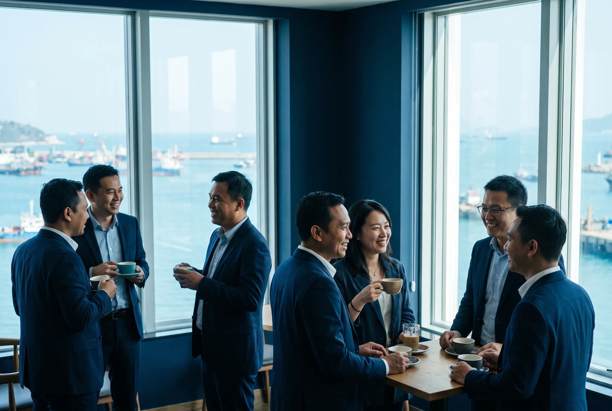 Business professionals networking beside Xiamen harbour