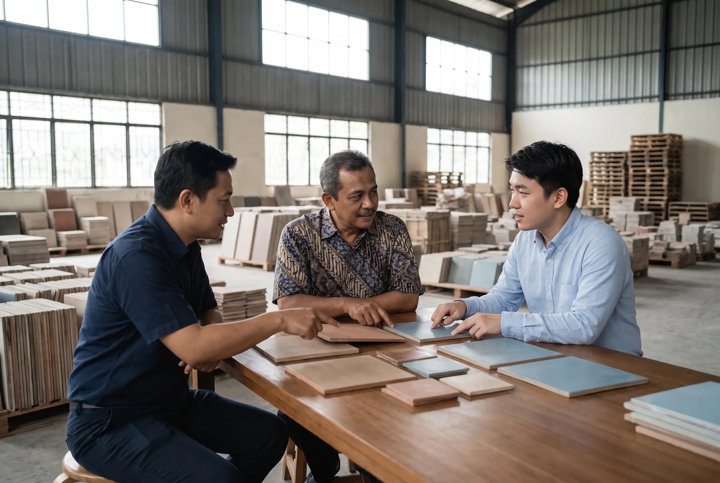 Buyer meeting a supplier in a factory showroom