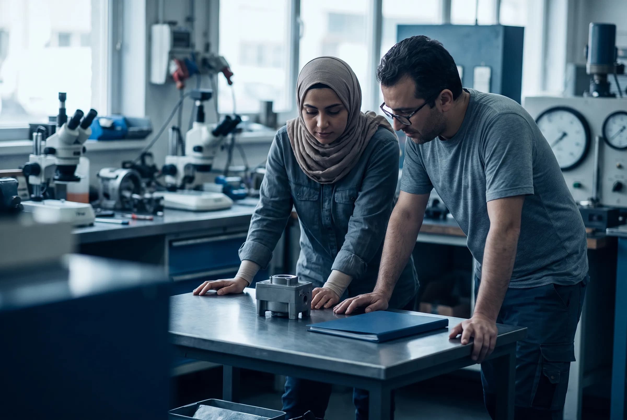 Quality specialists examining a product sample in a laboratory