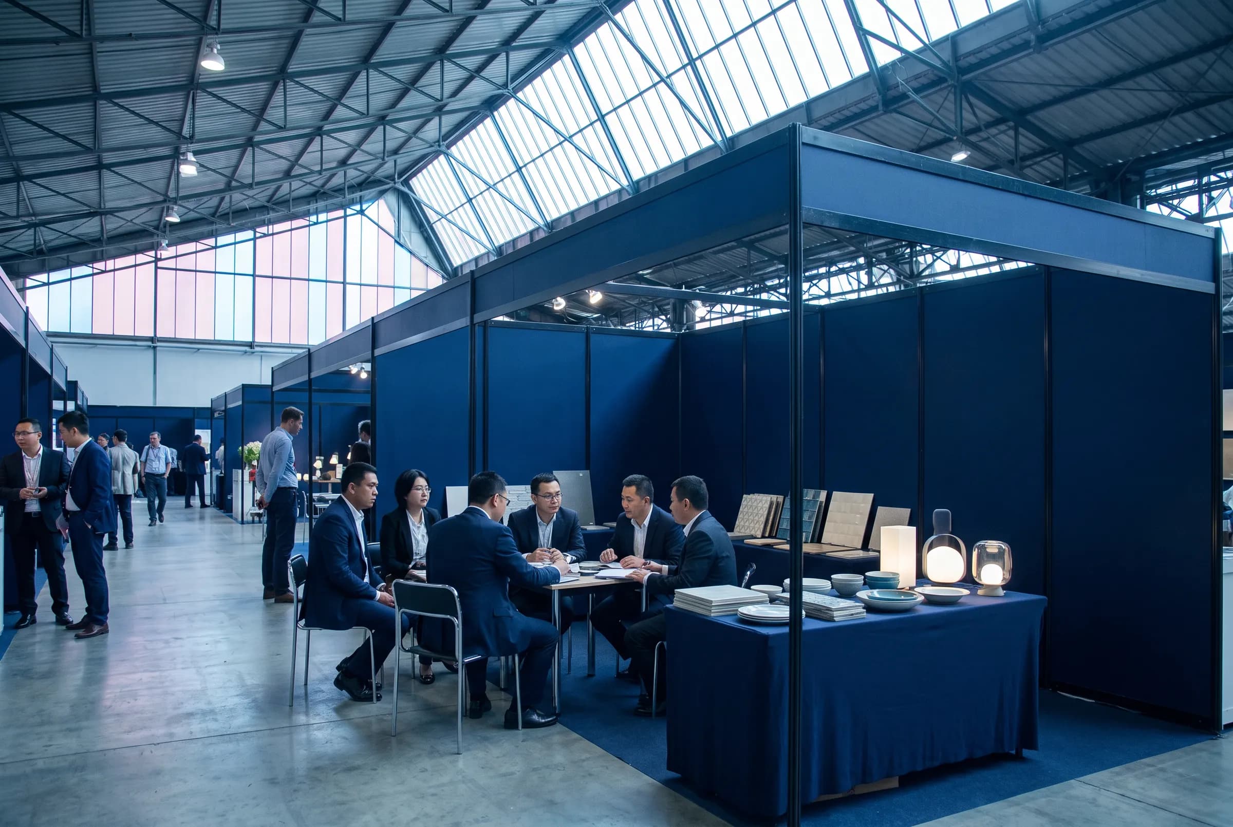 Business professionals discussing samples at a trade exhibition