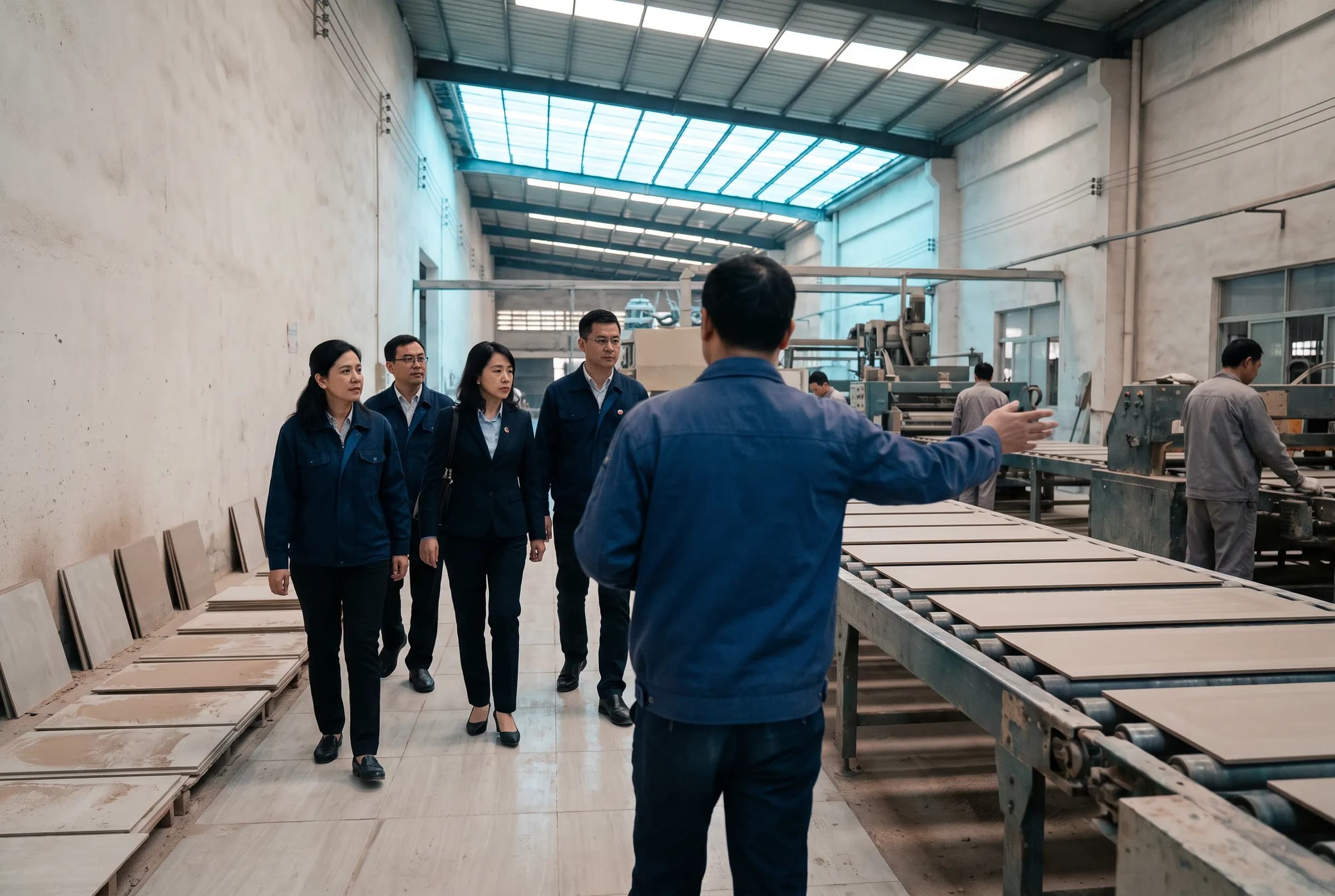 Business delegation exploring a manufacturing facility